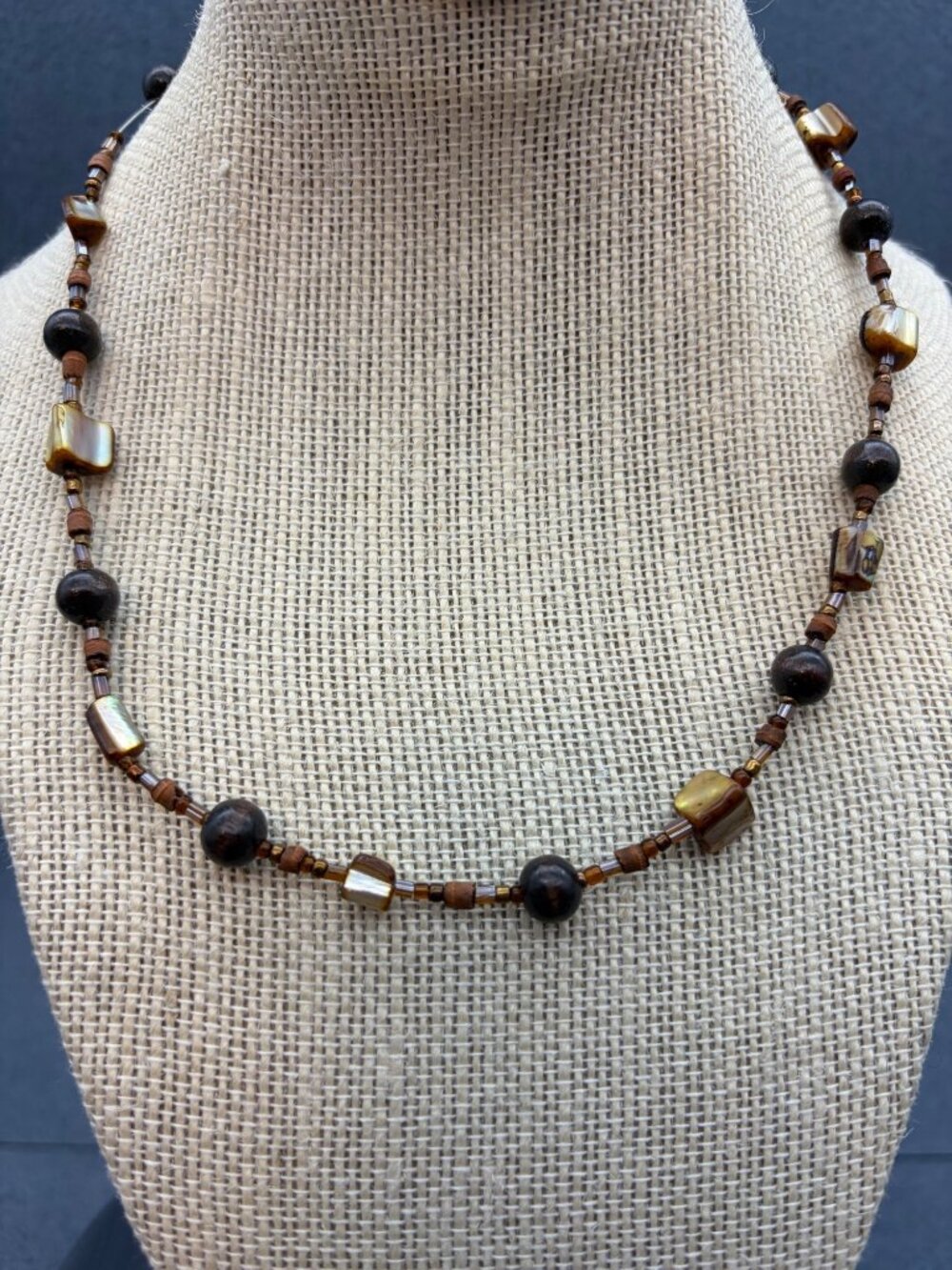 Bohemian Brown Beaded Necklace 18 In Wood Shell Organic Beachy Festival Earthy